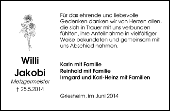Traueranzeige von Willi Jakobi von Echo-Zeitungen (Gesamtausgabe)