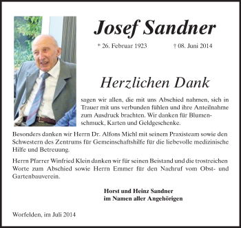 Traueranzeige von Josef Sandner von Rüsselsheimer Echo, Groß-Gerauer-Echo, Ried Echo