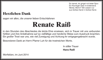 Traueranzeige von Renate Raiß von Rüsselsheimer Echo, Groß-Gerauer-Echo, Ried Echo