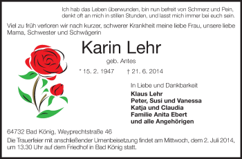 Traueranzeige von Karin Lehr von Odenwälder Echo