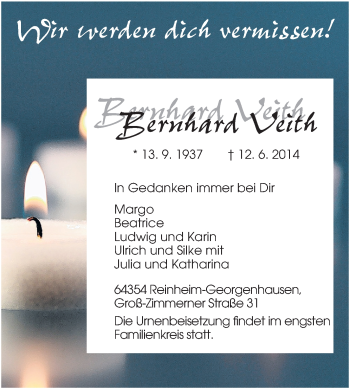 Traueranzeige von Bernhard Veith von Echo-Zeitungen (Gesamtausgabe)