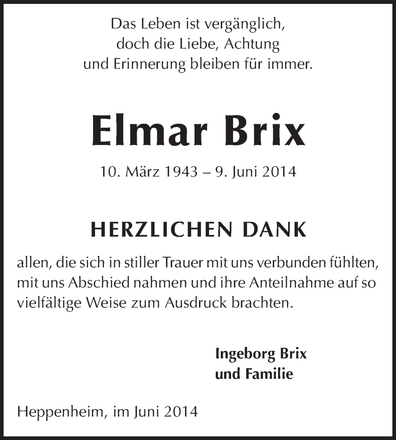  Traueranzeige für Elmar Brix vom 27.06.2014 aus Echo-Zeitungen (Gesamtausgabe)
