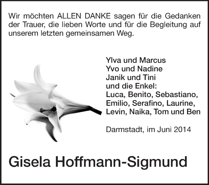 Traueranzeige für Gisela Hoffmann-Sigmund vom 28.06.2014 aus Echo-Zeitungen (Gesamtausgabe)