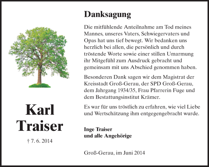  Traueranzeige für Karl Traiser vom 28.06.2014 aus Rüsselsheimer Echo, Groß-Gerauer-Echo, Ried Echo