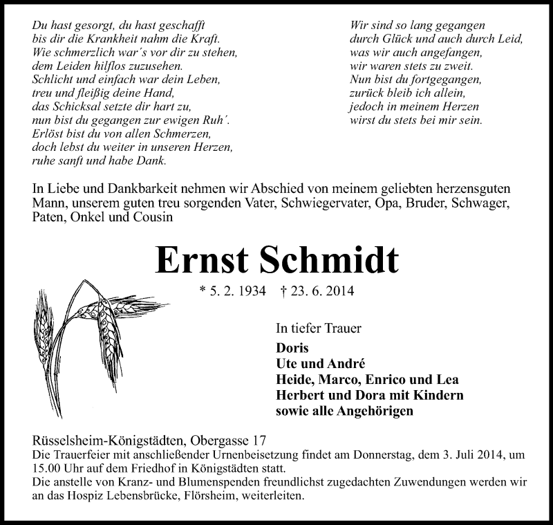  Traueranzeige für Ernst Schmidt vom 28.06.2014 aus Rüsselsheimer Echo, Groß-Gerauer-Echo, Ried Echo