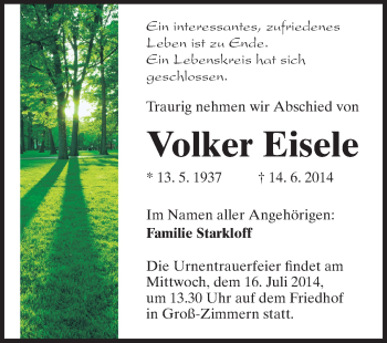 Traueranzeige von Volker Eisele von Echo-Zeitungen (Gesamtausgabe)