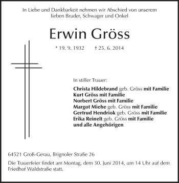 Traueranzeige von Erwin Gröss von Rüsselsheimer Echo, Groß-Gerauer-Echo, Ried Echo