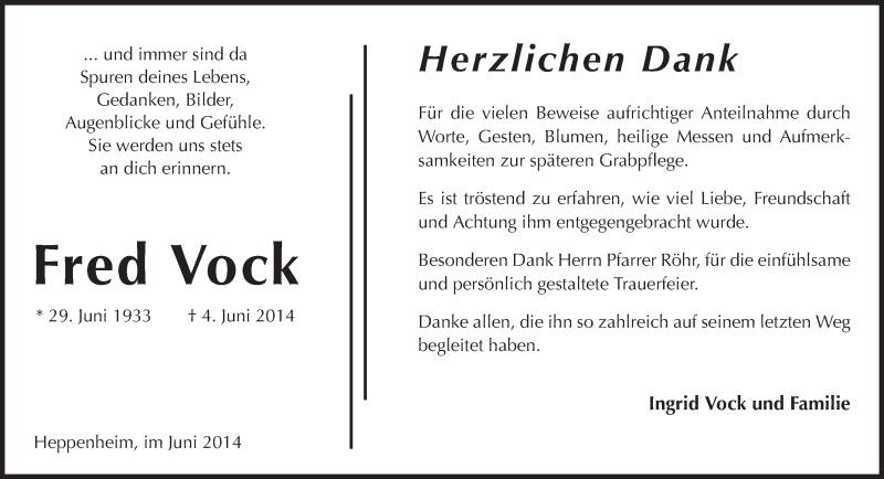  Traueranzeige für Fred Vock vom 28.06.2014 aus Starkenburger Echo, Bergsträßer Anzeiger