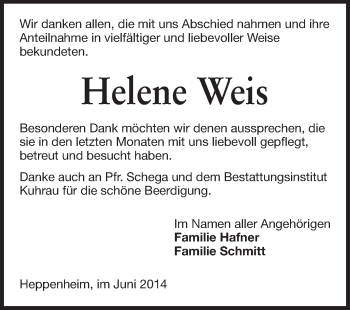 Traueranzeige von Helene Weis von Starkenburger Echo