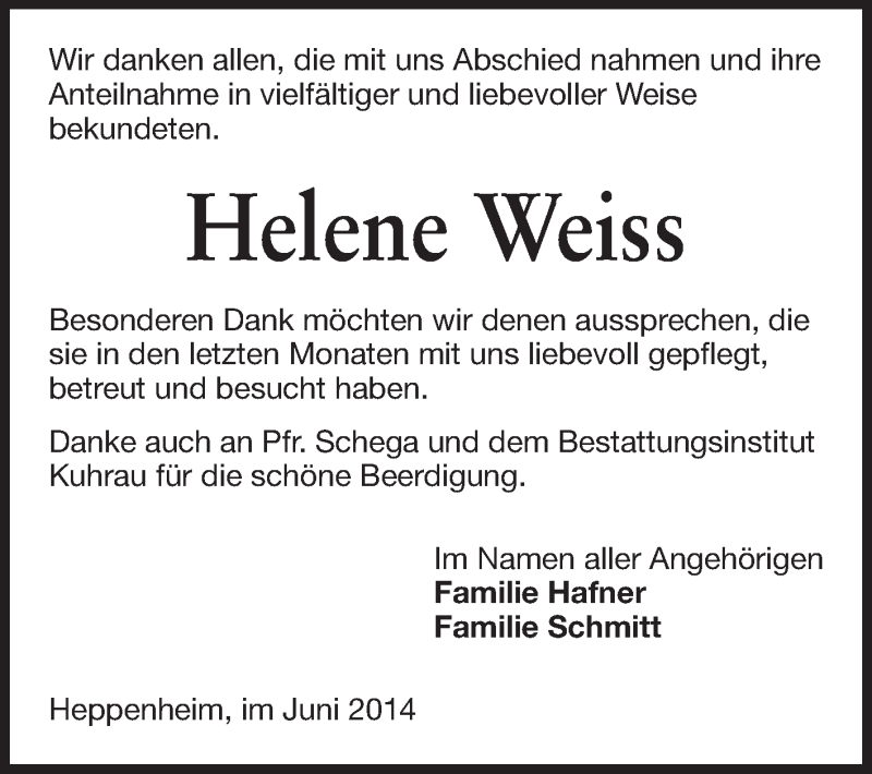  Traueranzeige für Helene Weis vom 30.06.2014 aus Starkenburger Echo