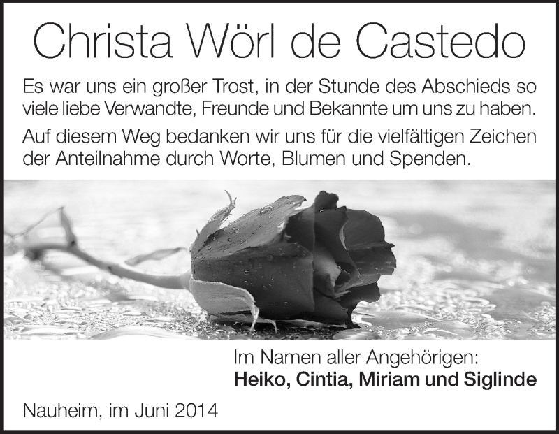  Traueranzeige für Christa  Wörl de Castedo vom 28.06.2014 aus Rüsselsheimer Echo, Groß-Gerauer-Echo, Ried Echo