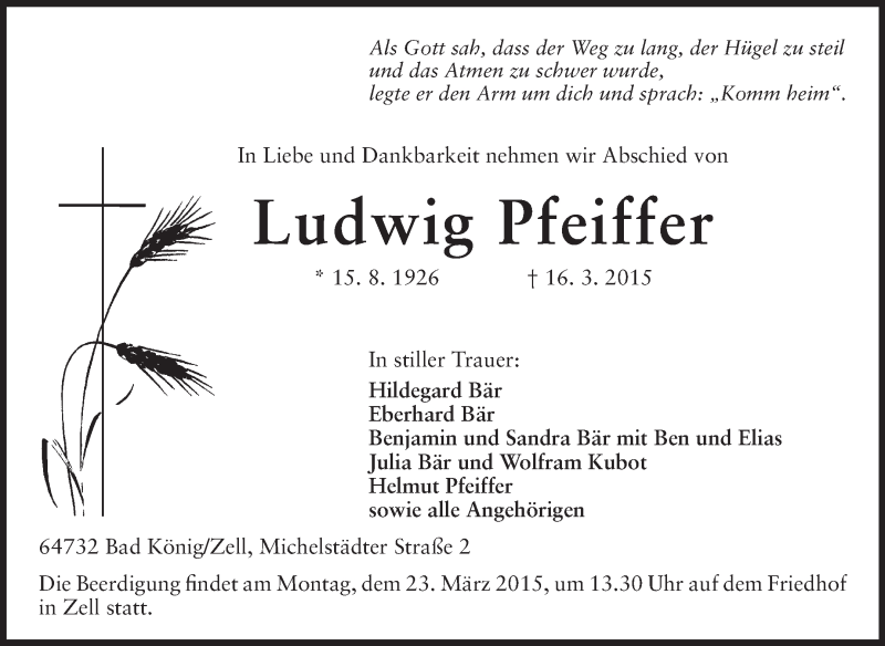  Traueranzeige für Ludwig Pfeiffer vom 20.03.2015 aus Odenwälder Echo