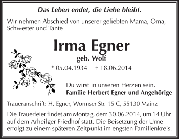 Traueranzeige von Irma Egner von Echo-Zeitungen (Gesamtausgabe)