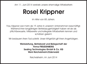Traueranzeige von Rosel Krippner von Odenwälder Echo