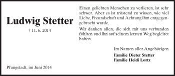 Traueranzeige von Ludwig Stetter von Echo-Zeitungen (Gesamtausgabe)