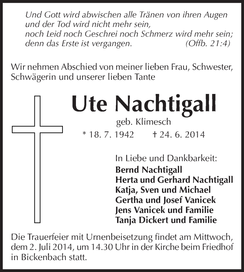  Traueranzeige für Ute Nachtigall vom 28.06.2014 aus Echo-Zeitungen (Gesamtausgabe)