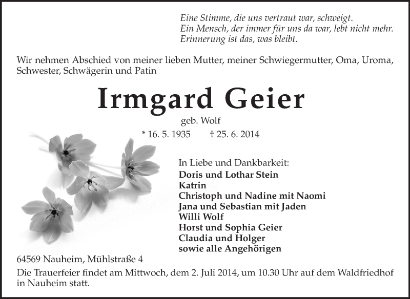  Traueranzeige für Irmgard Geier vom 28.06.2014 aus Rüsselsheimer Echo, Groß-Gerauer-Echo, Ried Echo