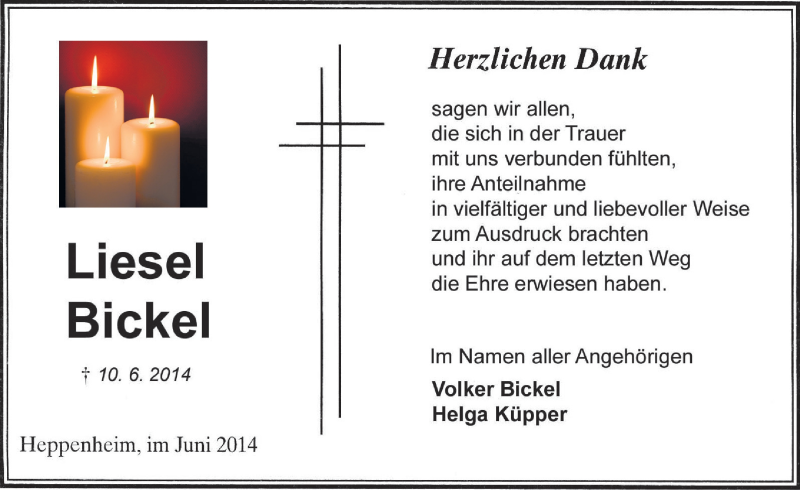  Traueranzeige für Liesel Bickel vom 28.06.2014 aus Starkenburger Echo