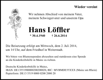 Traueranzeige von Hans Löffler von Echo-Zeitungen (Gesamtausgabe)
