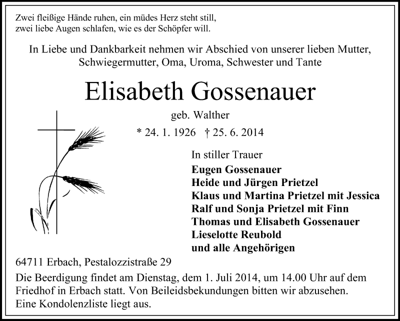 Traueranzeige für Elisabeth Gossenauer vom 30.06.2014 aus Odenwälder Echo