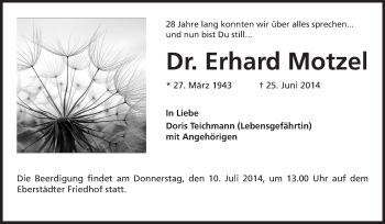 Traueranzeige von Erhard Motzel von Echo-Zeitungen (Gesamtausgabe)