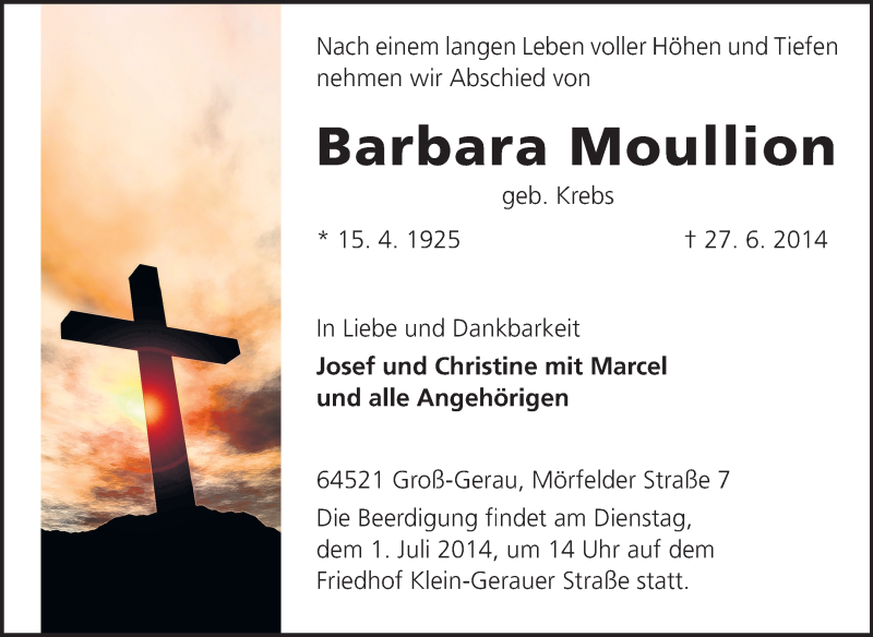  Traueranzeige für Barbara Moullion vom 30.06.2014 aus Rüsselsheimer Echo, Groß-Gerauer-Echo, Ried Echo