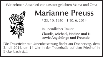 Traueranzeige von Marianne Preuss von Echo-Zeitungen (Gesamtausgabe)