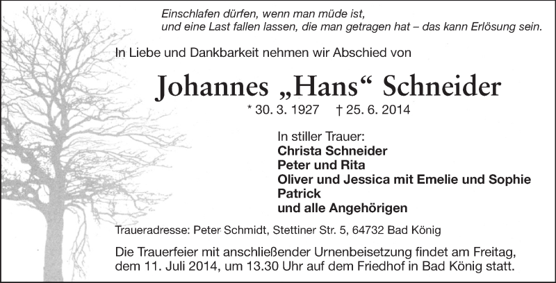  Traueranzeige für Johannes Schneider vom 09.07.2014 aus Odenwälder Echo