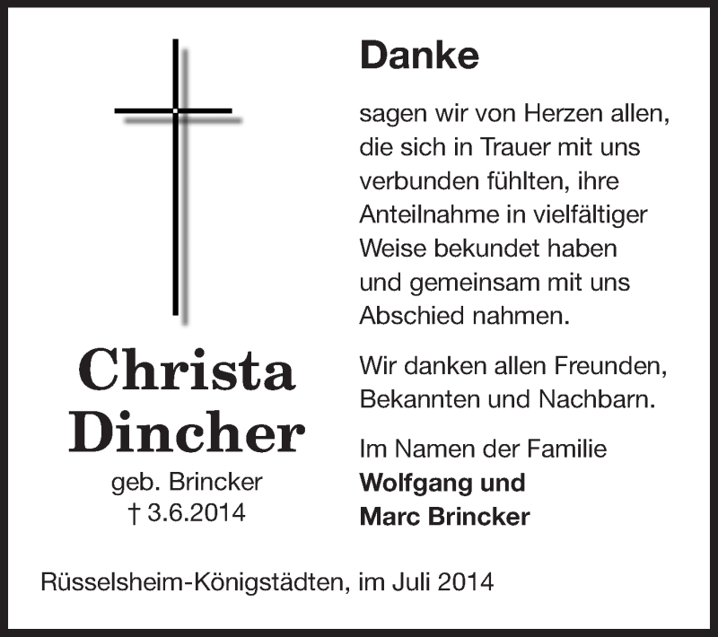  Traueranzeige für Christa Dincher vom 05.07.2014 aus Rüsselsheimer Echo, Groß-Gerauer-Echo, Ried Echo
