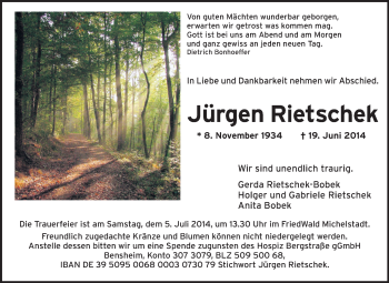 Traueranzeige von Jürgen Rietschek von Odenwälder Echo