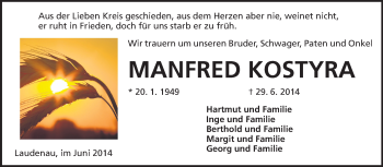 Traueranzeige von Manfred Kostyra von Odenwälder Echo