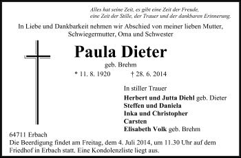 Traueranzeige von Paula Dieter von Odenwälder Echo