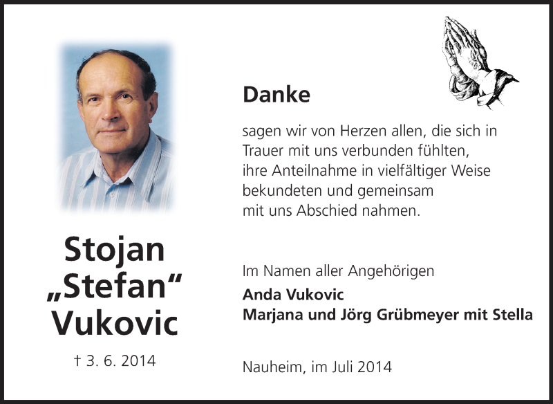  Traueranzeige für Stojan Vukovic vom 05.07.2014 aus Rüsselsheimer Echo, Groß-Gerauer-Echo, Ried Echo