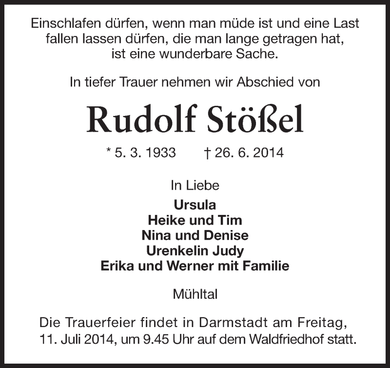  Traueranzeige für Rudolf Stößel vom 05.07.2014 aus Echo-Zeitungen (Gesamtausgabe)
