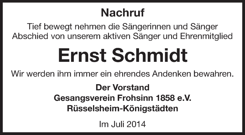  Traueranzeige für Ernst Schmidt vom 03.07.2014 aus Rüsselsheimer Echo, Groß-Gerauer-Echo, Ried Echo