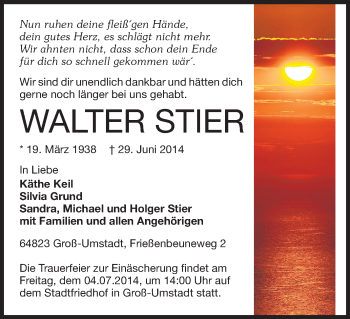 Traueranzeige von Walter Stier von Echo-Zeitungen (Gesamtausgabe)