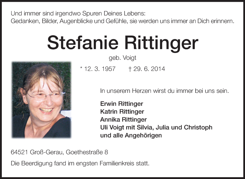  Traueranzeige für Stefanie Rittinger vom 05.07.2014 aus Rüsselsheimer Echo, Groß-Gerauer-Echo, Ried Echo