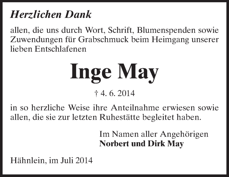  Traueranzeige für Inge May vom 05.07.2014 aus Echo-Zeitungen (Gesamtausgabe)