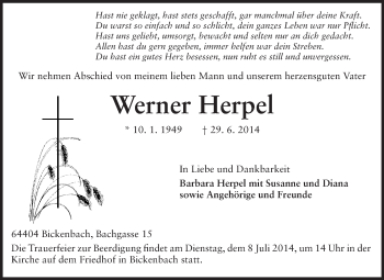 Traueranzeige von Werner Herpel von Echo-Zeitungen (Gesamtausgabe)