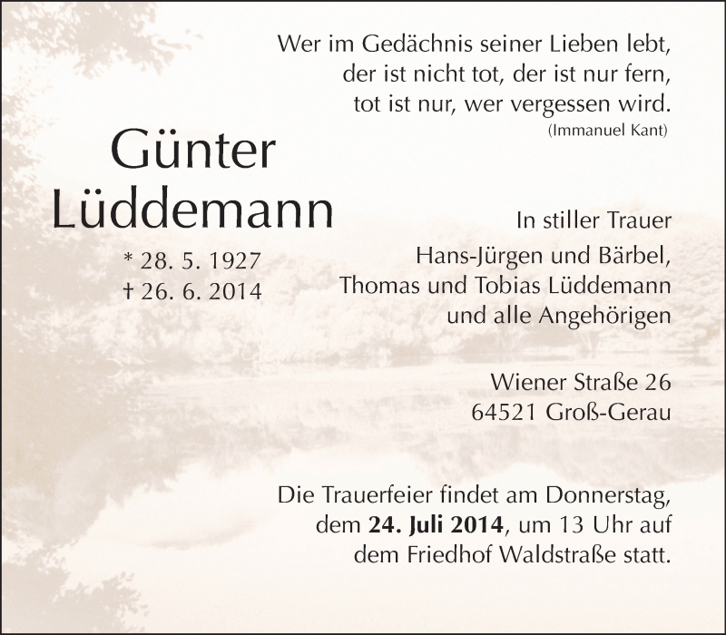  Traueranzeige für Günter Lüddemann vom 05.07.2014 aus Rüsselsheimer Echo, Groß-Gerauer-Echo, Ried Echo