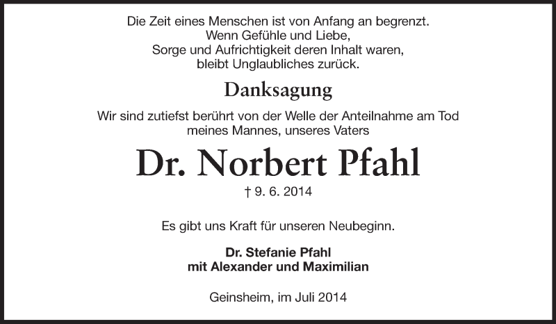  Traueranzeige für Norbert Pfahl vom 05.07.2014 aus Rüsselsheimer Echo, Groß-Gerauer-Echo, Ried Echo