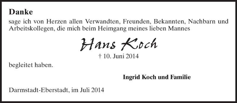  Traueranzeige für Hans Koch vom 05.07.2014 aus Echo-Zeitungen (Gesamtausgabe)
