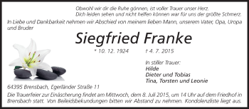 Traueranzeige von Siegfried Franke von Odenwälder Echo