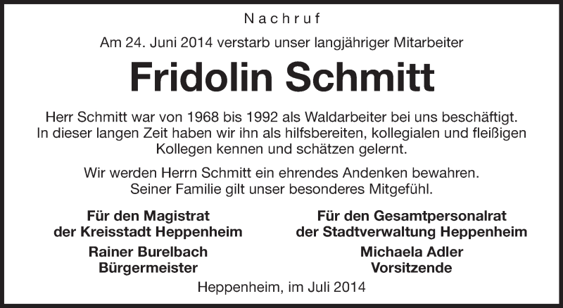  Traueranzeige für Fridolin Schmitt vom 03.07.2014 aus Starkenburger Echo