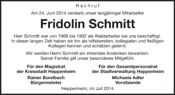 Traueranzeige von Fridolin Schmitt von Starkenburger Echo