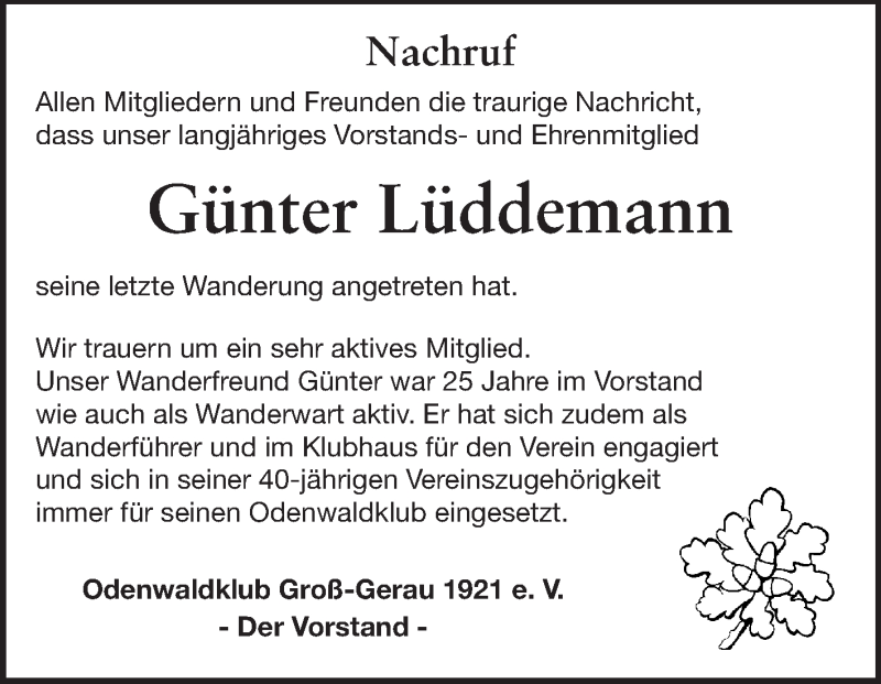  Traueranzeige für Günter Lüddemann vom 05.07.2014 aus Rüsselsheimer Echo, Groß-Gerauer-Echo, Ried Echo