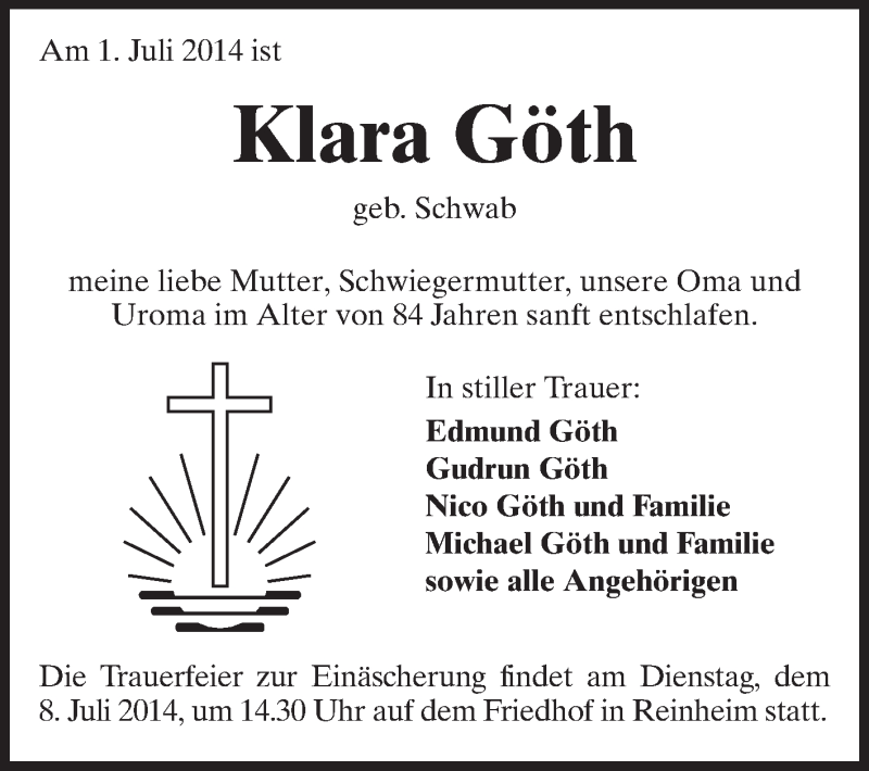  Traueranzeige für Klara Göth vom 05.07.2014 aus Echo-Zeitungen (Gesamtausgabe)
