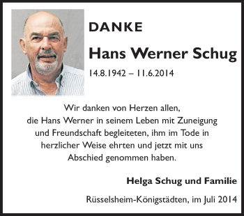 Traueranzeige von Hans Werner Schug von Rüsselsheimer Echo, Groß-Gerauer-Echo, Ried Echo