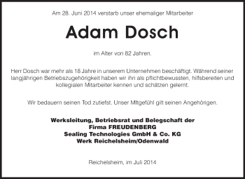 Traueranzeige von Adam Dosch von Odenwälder Echo