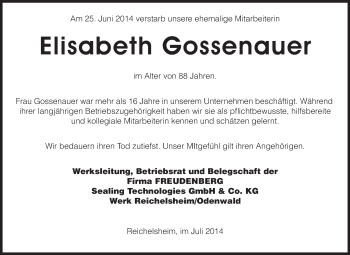 Traueranzeige von Elisabeth Gossenauer von Odenwälder Echo